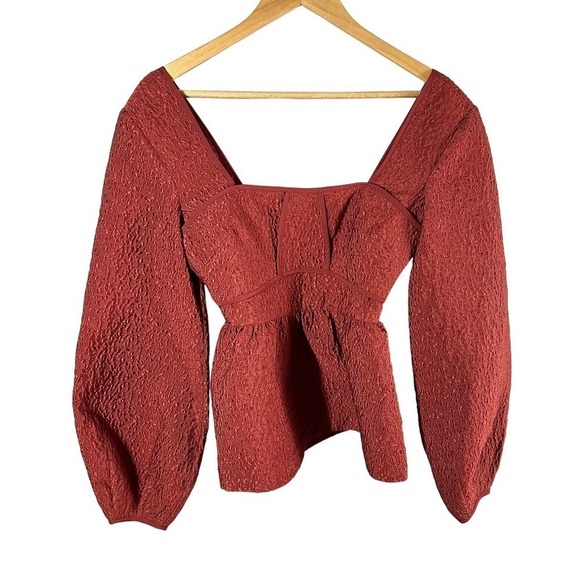 Jonathan Simkhai Arya Peplum Blouse Long Sleeve Top Size 0 Brick - Picture 2 of 11